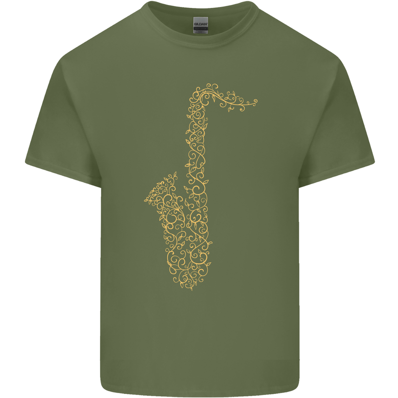 A Saxaphone Musical Instruments Brass Band Mens Cotton T-Shirt Tee Top Military Green