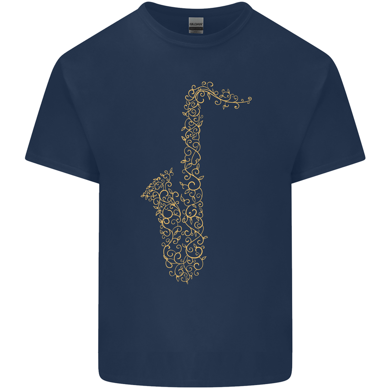 A Saxaphone Musical Instruments Brass Band Mens Cotton T-Shirt Tee Top Navy Blue