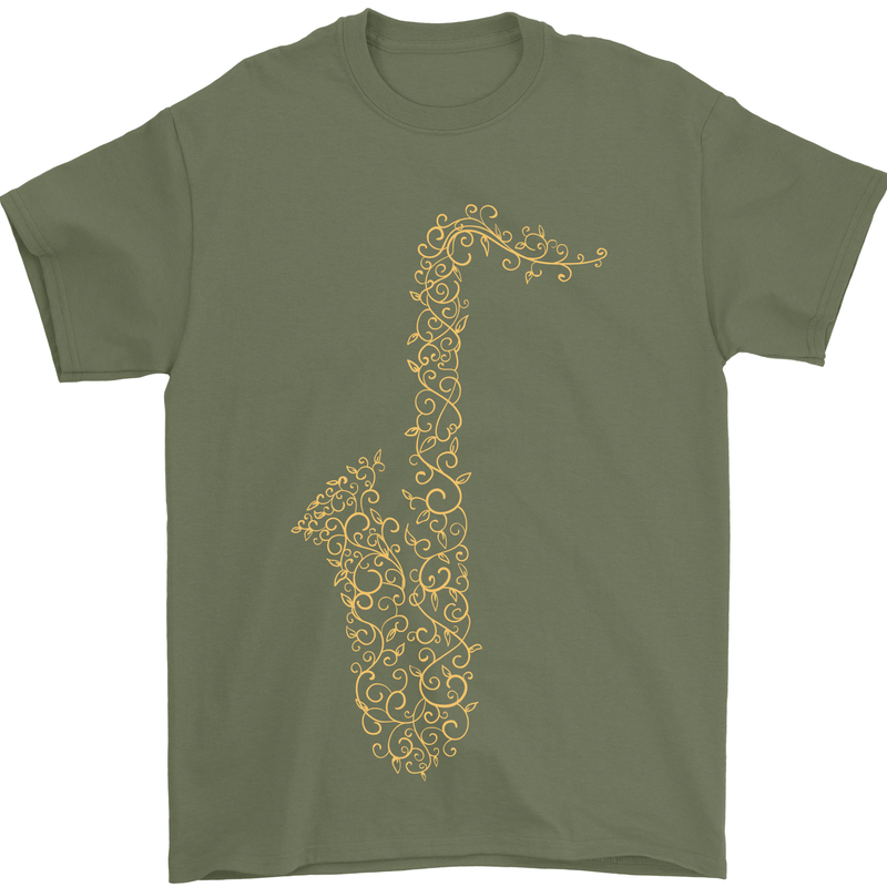 A Saxaphone Musical Instruments Brass Band Mens T-Shirt 100% Cotton Military Green
