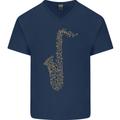 A Saxaphone Musical Instruments Brass Band Mens V-Neck Cotton T-Shirt Navy Blue