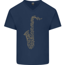 A Saxaphone Musical Instruments Brass Band Mens V-Neck Cotton T-Shirt Navy Blue