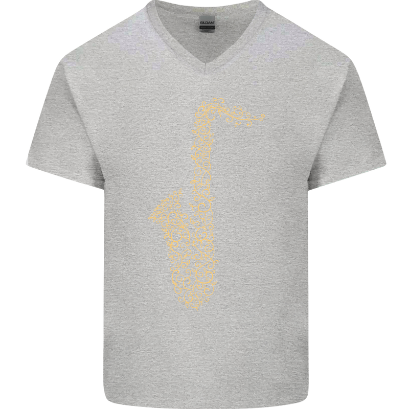 A Saxaphone Musical Instruments Brass Band Mens V-Neck Cotton T-Shirt Sports Grey