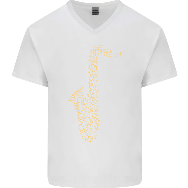 A Saxaphone Musical Instruments Brass Band Mens V-Neck Cotton T-Shirt White