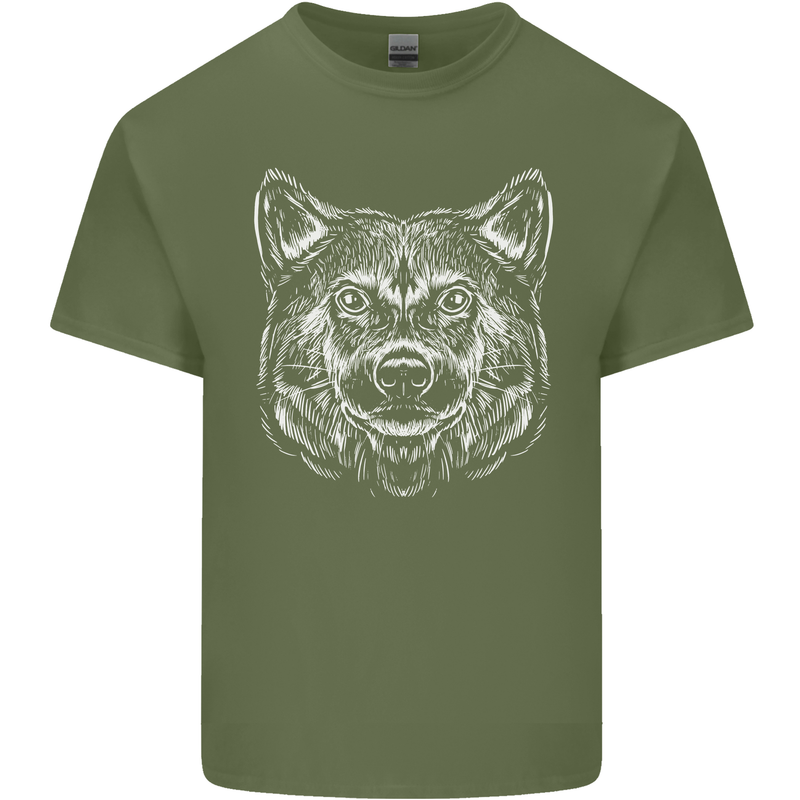 A Shiba Dog Drawing Mens Cotton T-Shirt Tee Top Military Green