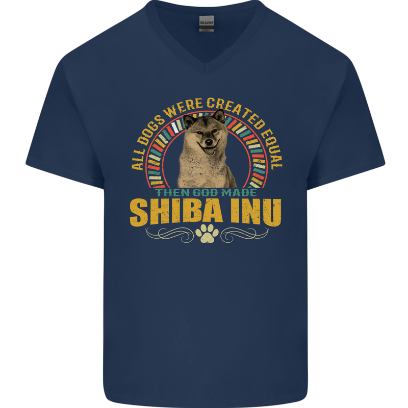 A Shiba Inu Dog Mens V-Neck Cotton T-Shirt Navy Blue
