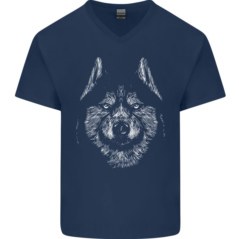 A Siberian Husky Mens V-Neck Cotton T-Shirt Navy Blue