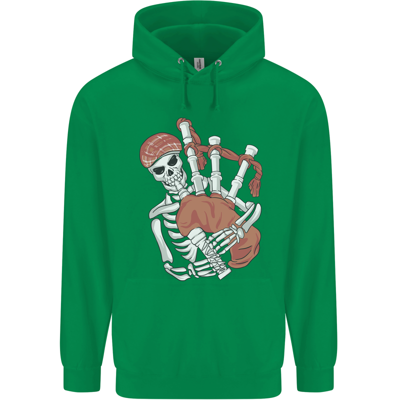 A Skeleton Playing the Bagpipes Childrens Kids Hoodie Irish Green