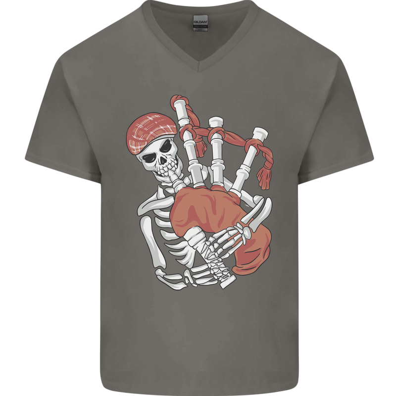 A Skeleton Playing the Bagpipes Mens V-Neck Cotton T-Shirt Charcoal