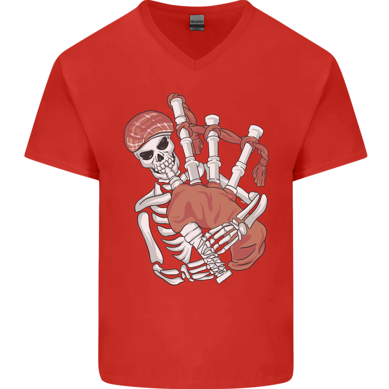 A Skeleton Playing the Bagpipes Mens V-Neck Cotton T-Shirt Red