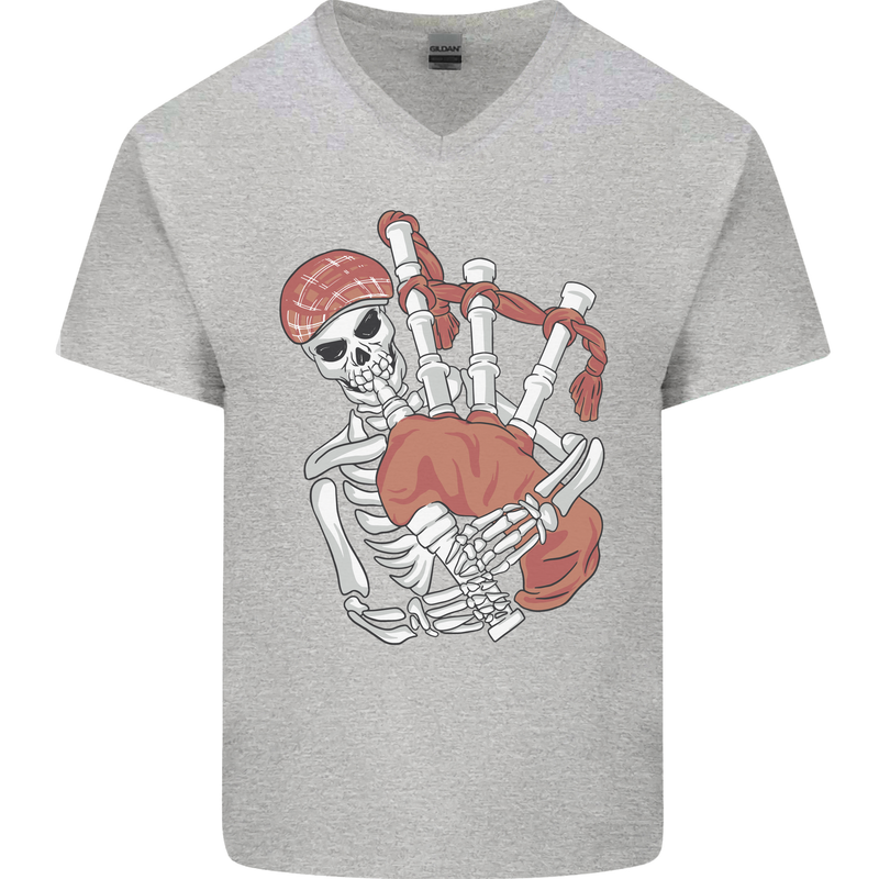 A Skeleton Playing the Bagpipes Mens V-Neck Cotton T-Shirt Sports Grey