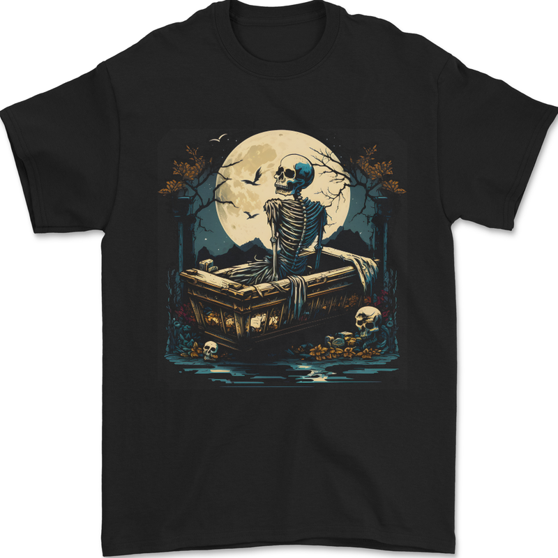 A Skeleton & Coffin in a Graveyard Halloween Mens T-Shirt 100% Cotton Black