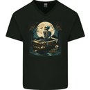 A Skeleton & Coffin in a Graveyard Halloween Mens V-Neck Cotton T-Shirt Black