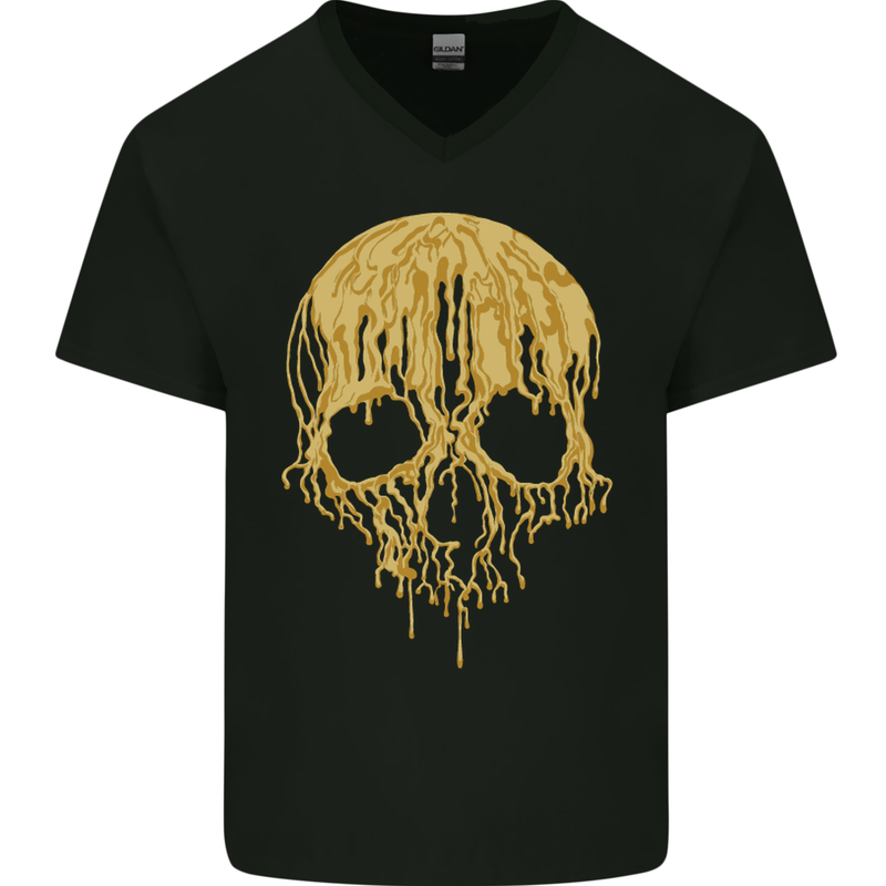 A Skull Dripping in Gold Mens V-Neck Cotton T-Shirt Black