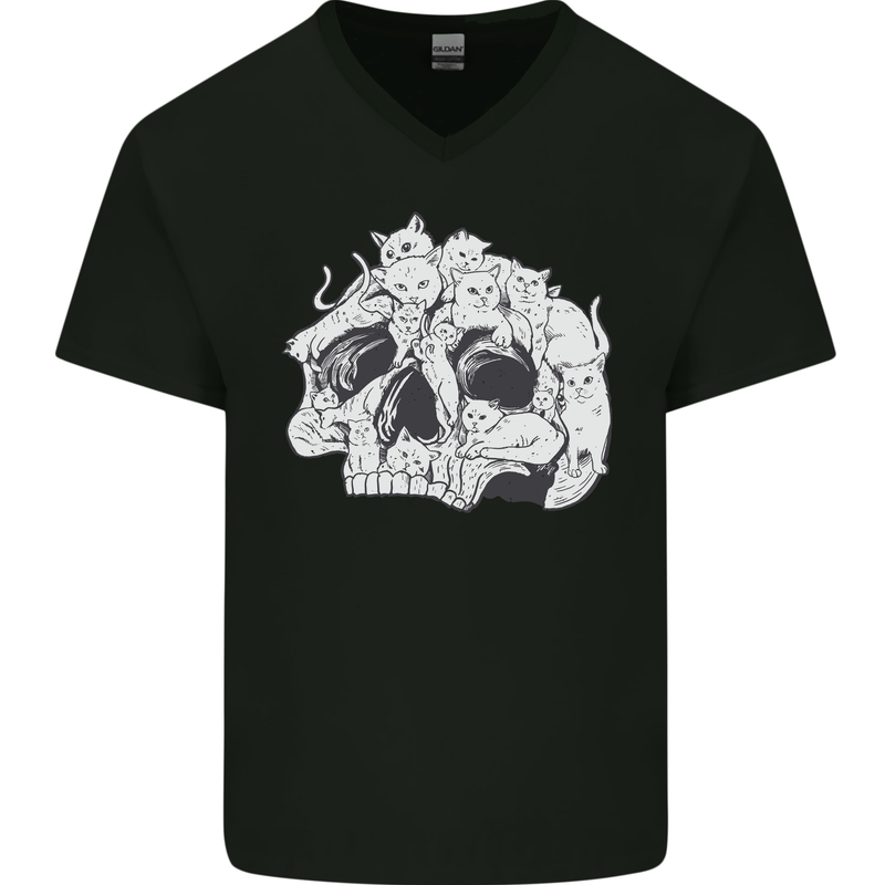 A Skull Made of Cats Mens V-Neck Cotton T-Shirt Black