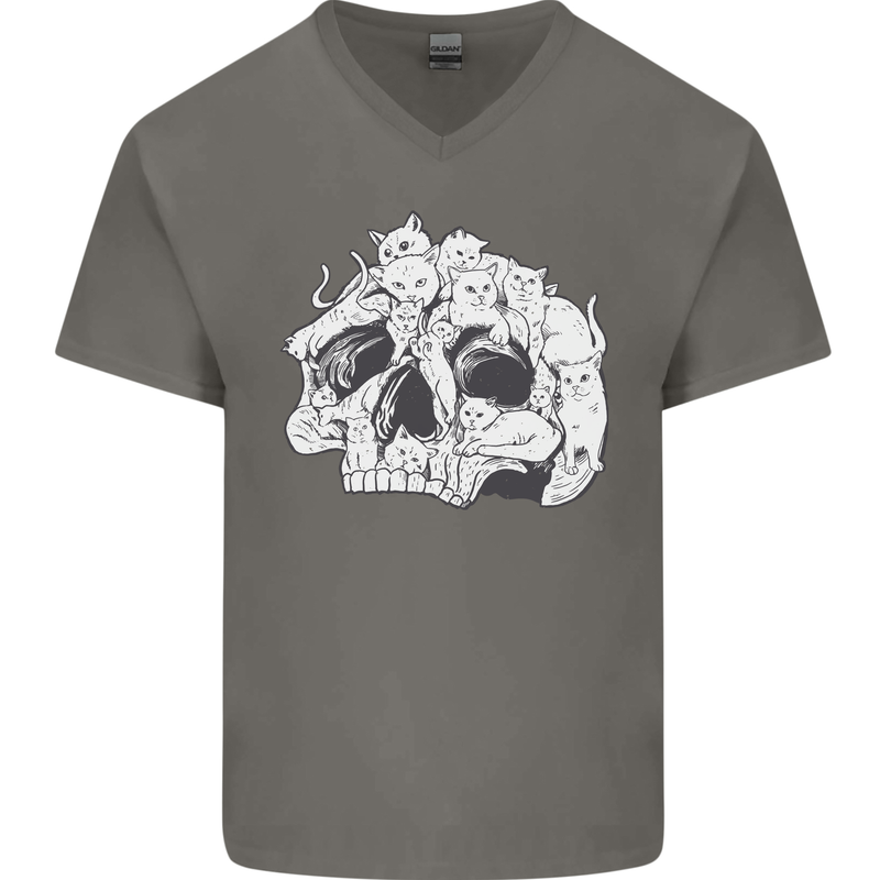 A Skull Made of Cats Mens V-Neck Cotton T-Shirt Charcoal