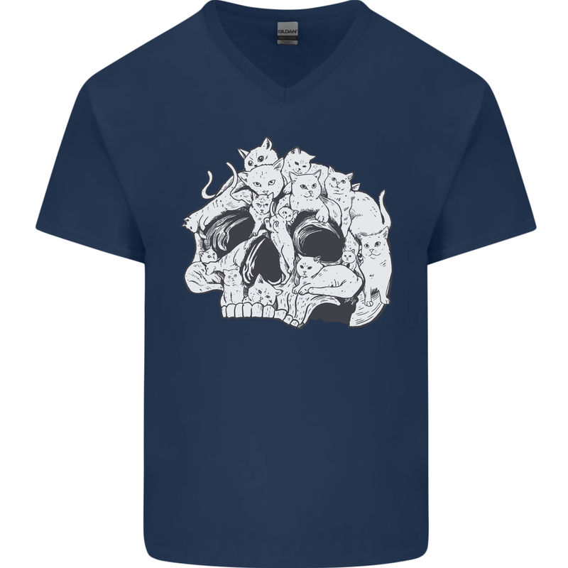 A Skull Made of Cats Mens V-Neck Cotton T-Shirt Navy Blue