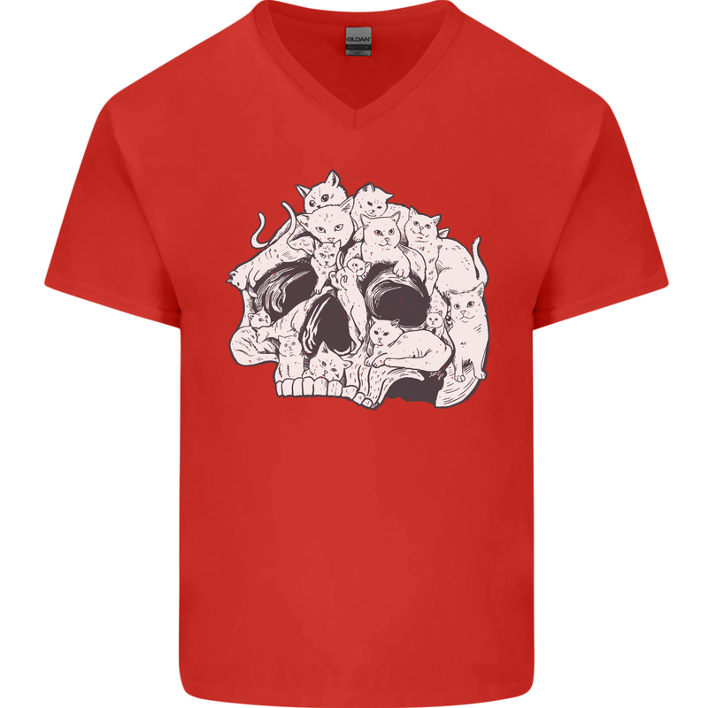 A Skull Made of Cats Mens V-Neck Cotton T-Shirt Red
