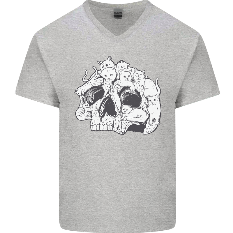 A Skull Made of Cats Mens V-Neck Cotton T-Shirt Sports Grey