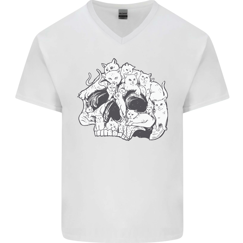 A Skull Made of Cats Mens V-Neck Cotton T-Shirt White