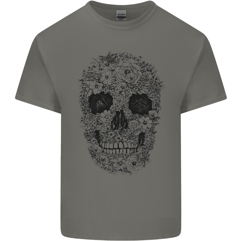 A Skull Made of Flowers Gothic Rock Biker Mens Cotton T-Shirt Tee Top Charcoal