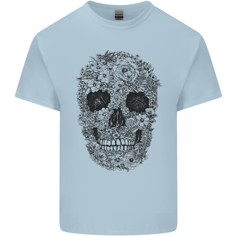 A Skull Made of Flowers Gothic Rock Biker Mens Cotton T-Shirt Tee Top Light Blue