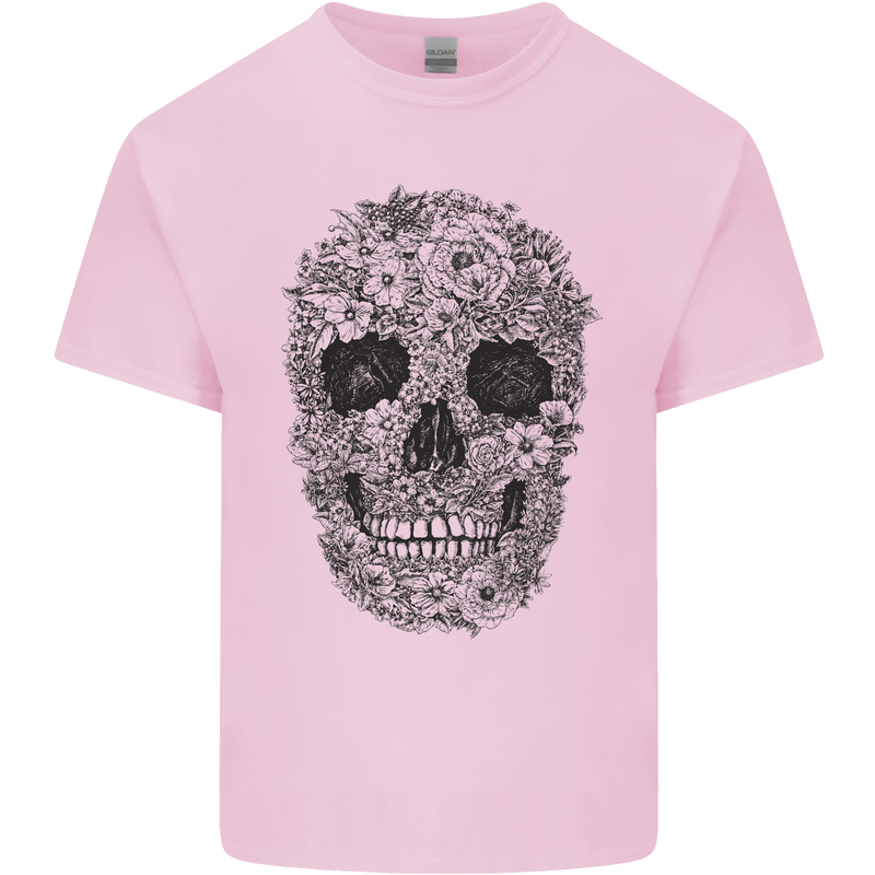 A Skull Made of Flowers Gothic Rock Biker Mens Cotton T-Shirt Tee Top Light Pink