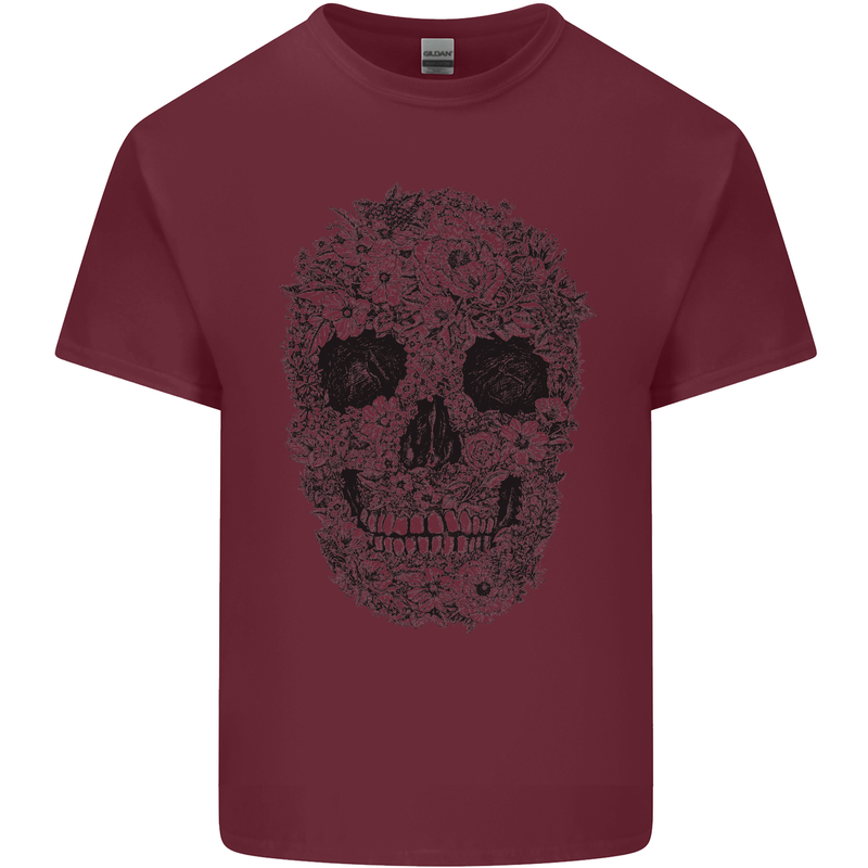 A Skull Made of Flowers Gothic Rock Biker Mens Cotton T-Shirt Tee Top Maroon