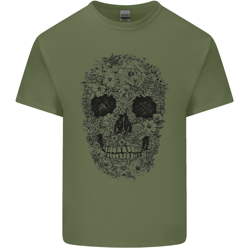 A Skull Made of Flowers Gothic Rock Biker Mens Cotton T-Shirt Tee Top Military Green