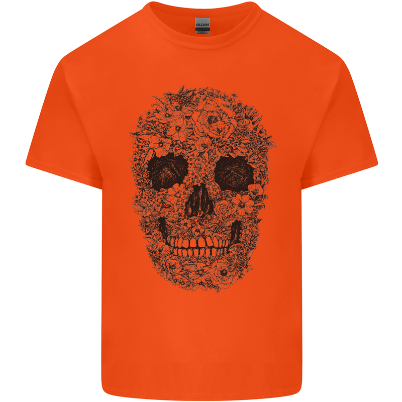 A Skull Made of Flowers Gothic Rock Biker Mens Cotton T-Shirt Tee Top Orange