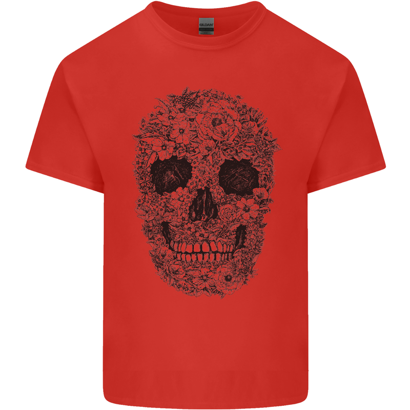 A Skull Made of Flowers Gothic Rock Biker Mens Cotton T-Shirt Tee Top Red