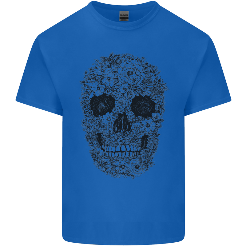 A Skull Made of Flowers Gothic Rock Biker Mens Cotton T-Shirt Tee Top Royal Blue