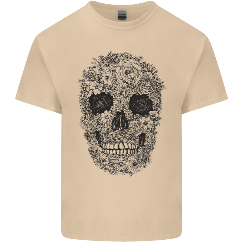 A Skull Made of Flowers Gothic Rock Biker Mens Cotton T-Shirt Tee Top Sand