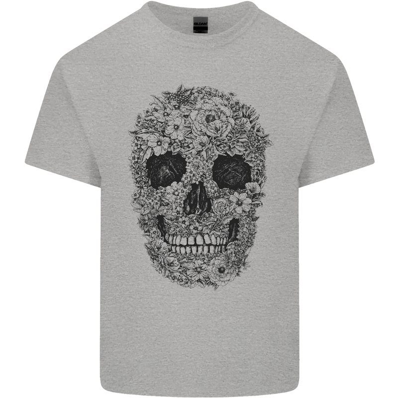 A Skull Made of Flowers Gothic Rock Biker Mens Cotton T-Shirt Tee Top Sports Grey