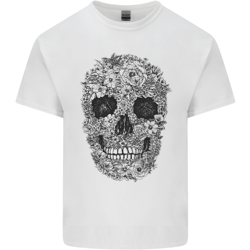 A Skull Made of Flowers Gothic Rock Biker Mens Cotton T-Shirt Tee Top White