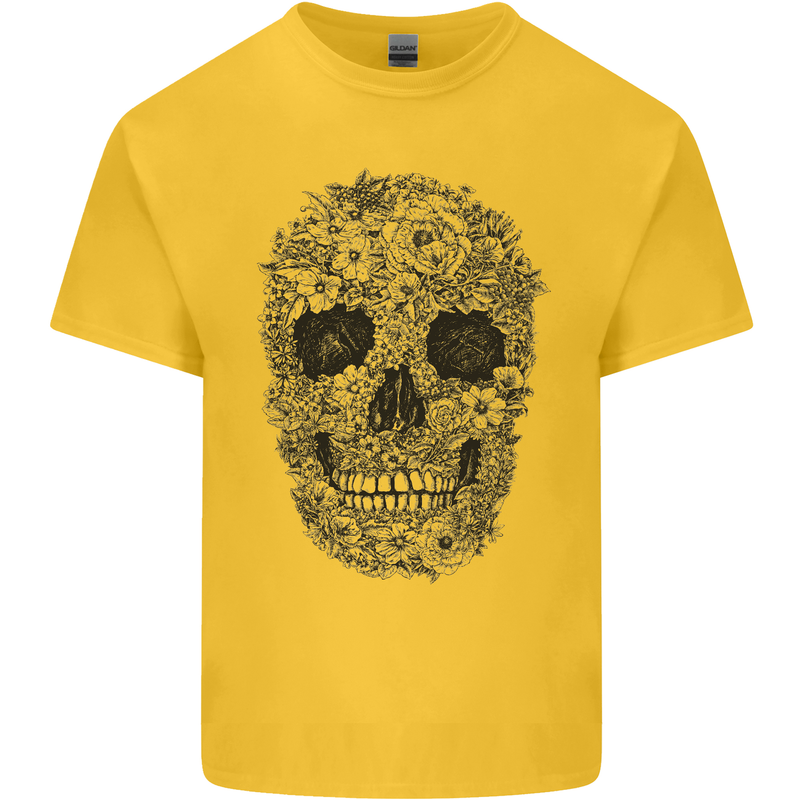 A Skull Made of Flowers Gothic Rock Biker Mens Cotton T-Shirt Tee Top Yellow