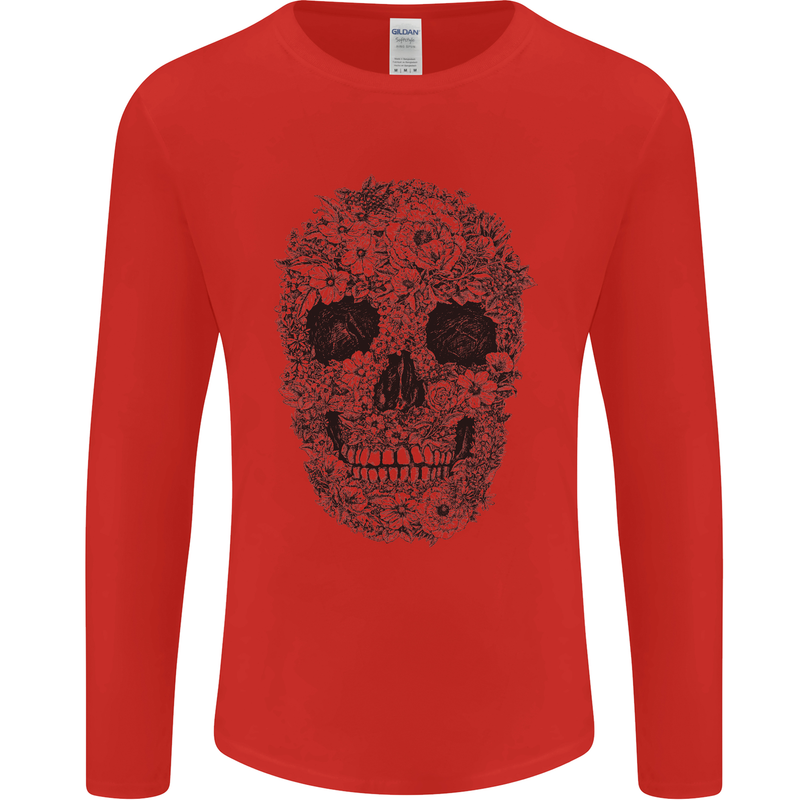 A Skull Made of Flowers Gothic Rock Biker Mens Long Sleeve T-Shirt Red