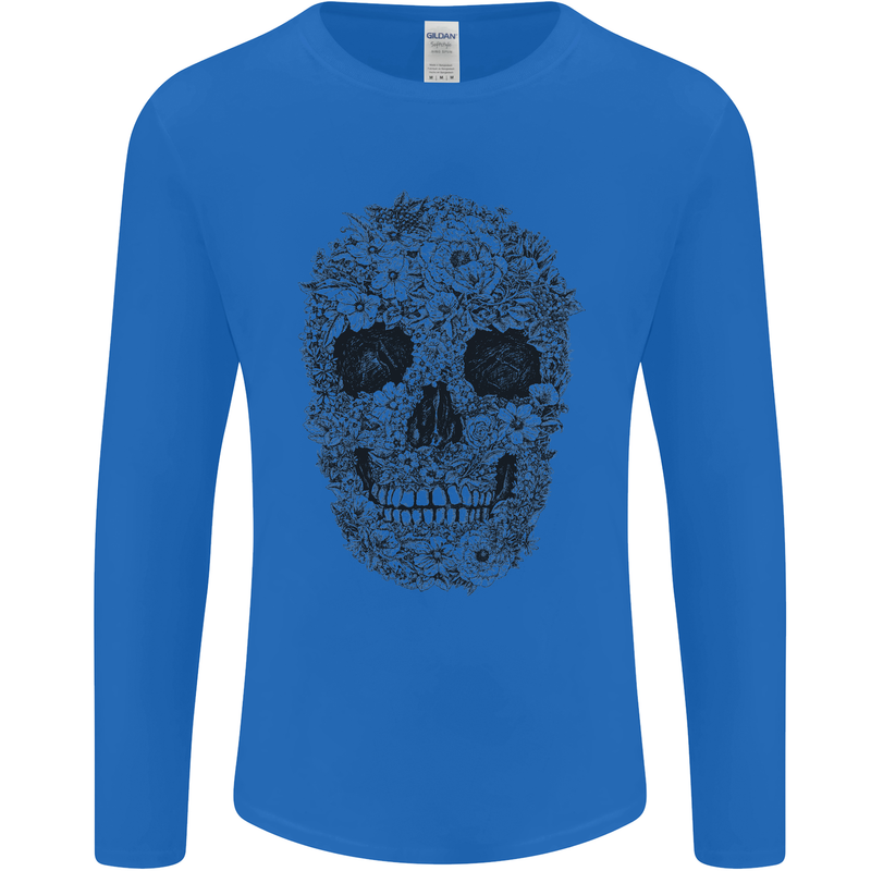 A Skull Made of Flowers Gothic Rock Biker Mens Long Sleeve T-Shirt Royal Blue