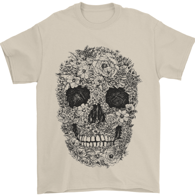 A Skull Made of Flowers Gothic Rock Biker Mens T-Shirt Cotton Gildan Sand