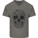 A Skull Made of Flowers Gothic Rock Biker Mens V-Neck Cotton T-Shirt Charcoal