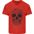 A Skull Made of Flowers Gothic Rock Biker Mens V-Neck Cotton T-Shirt Red