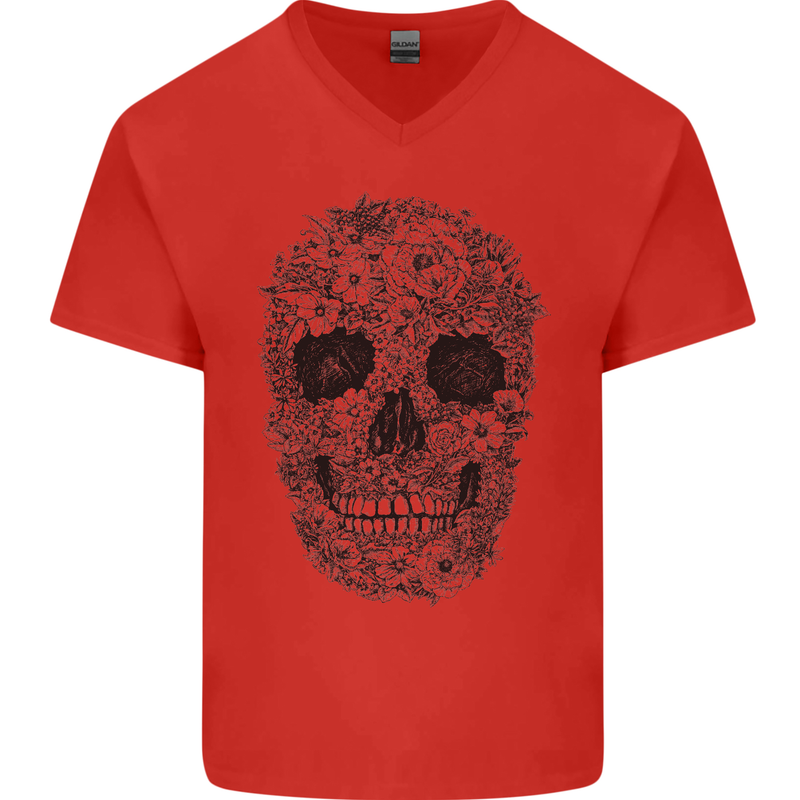A Skull Made of Flowers Gothic Rock Biker Mens V-Neck Cotton T-Shirt Red