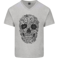 A Skull Made of Flowers Gothic Rock Biker Mens V-Neck Cotton T-Shirt Sports Grey
