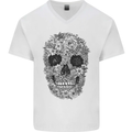 A Skull Made of Flowers Gothic Rock Biker Mens V-Neck Cotton T-Shirt White