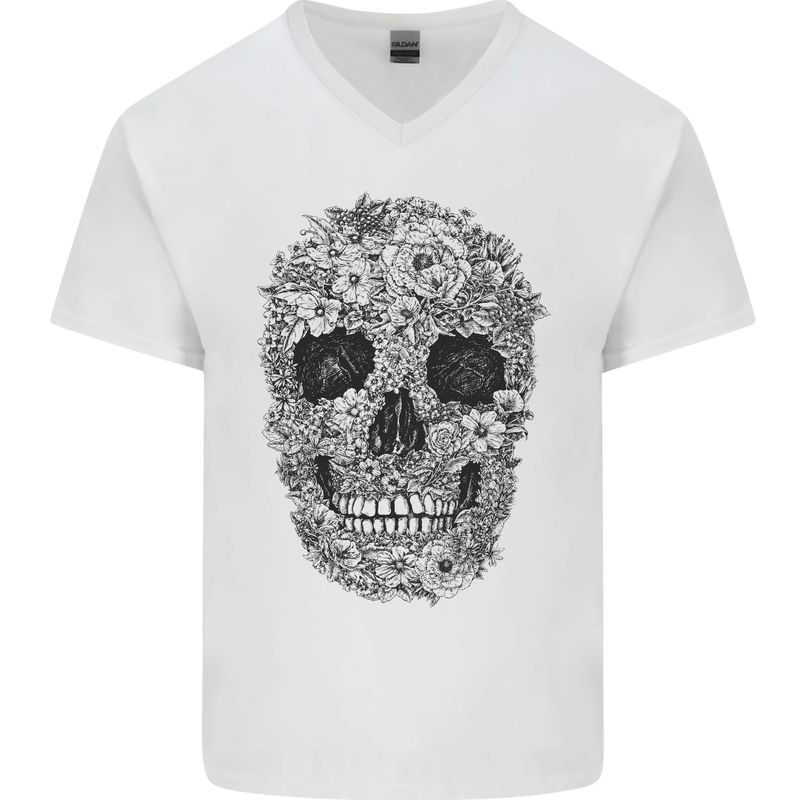 A Skull Made of Flowers Gothic Rock Biker Mens V-Neck Cotton T-Shirt White