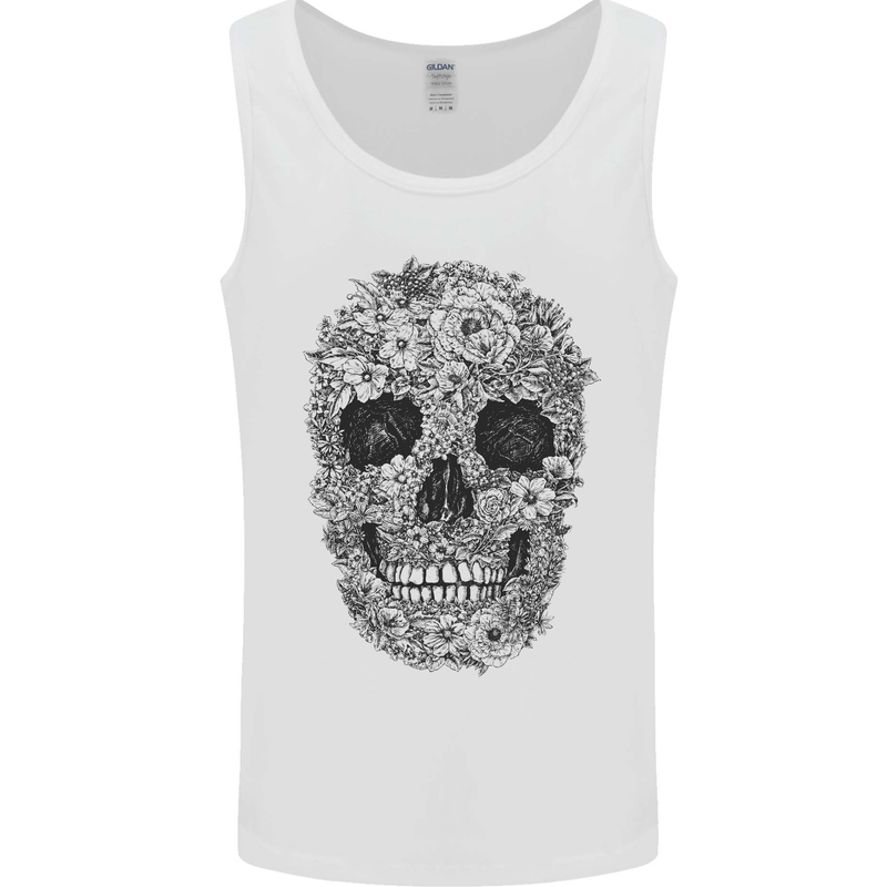 A Skull Made of Flowers Gothic Rock Biker Mens Vest Tank Top White