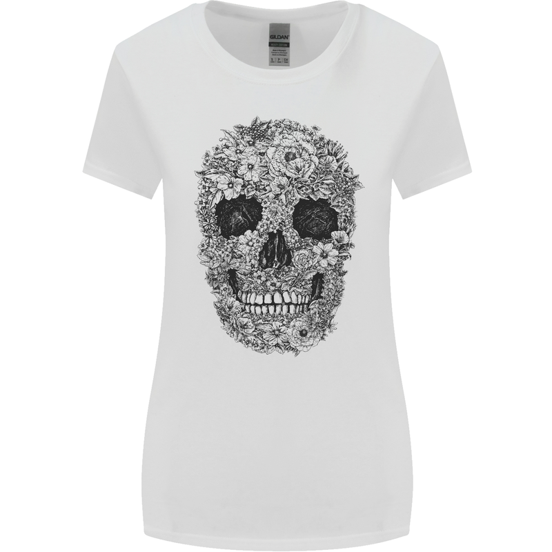 A Skull Made of Flowers Gothic Rock Biker Womens Wider Cut T-Shirt White