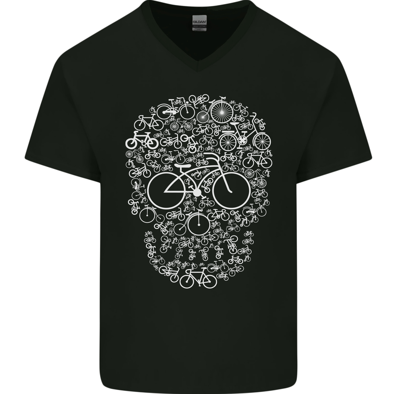 A Skull Made with Bicycles Cyclist Cycling Mens V-Neck Cotton T-Shirt Black