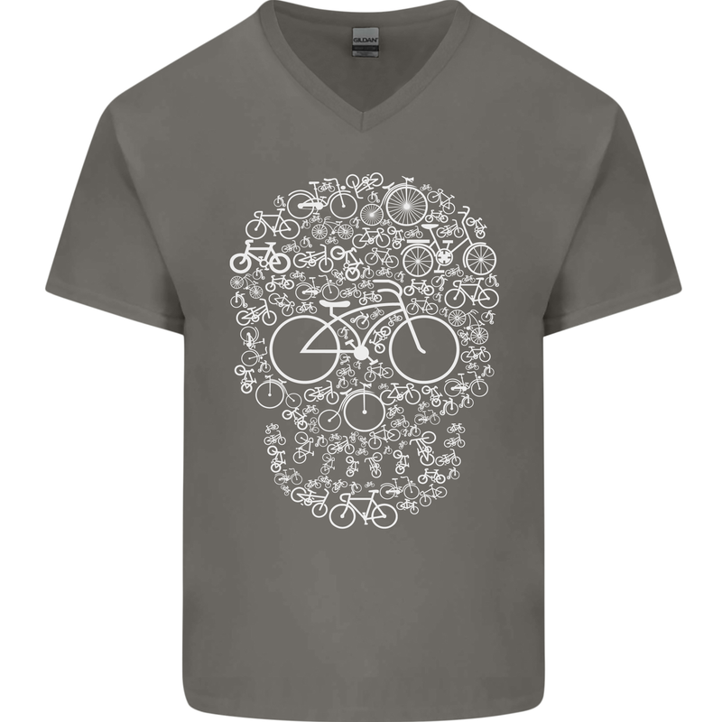 A Skull Made with Bicycles Cyclist Cycling Mens V-Neck Cotton T-Shirt Charcoal