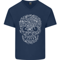 A Skull Made with Bicycles Cyclist Cycling Mens V-Neck Cotton T-Shirt Navy Blue