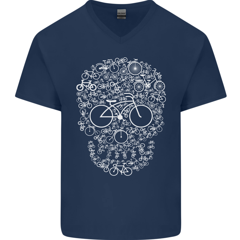 A Skull Made with Bicycles Cyclist Cycling Mens V-Neck Cotton T-Shirt Navy Blue